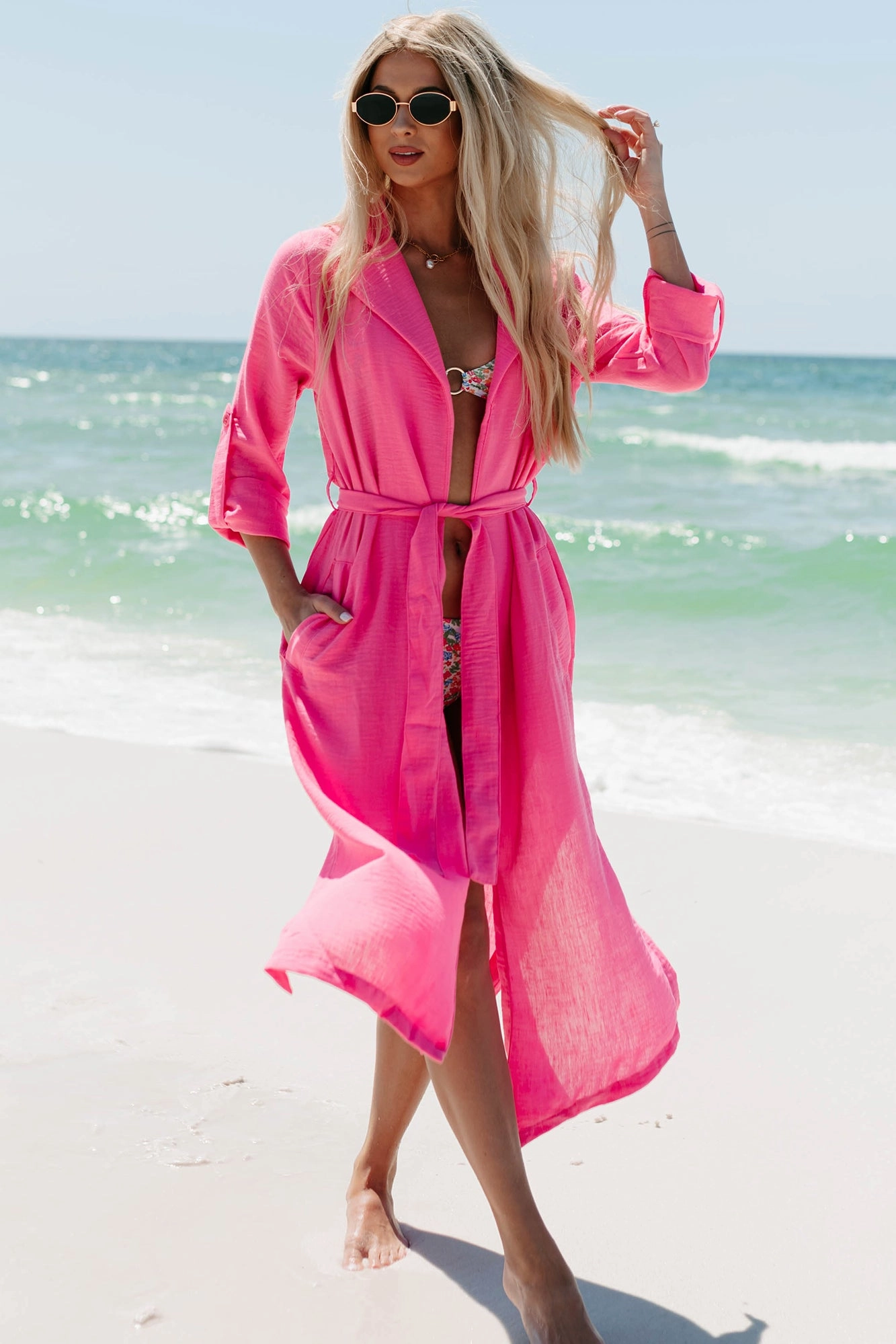Stretch Comfort Design Structured Casual Fit Live Colorfully Tie-Waist Linen Trench Coat (Hot Pink)