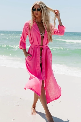 Stretch Comfort Design Structured Casual Fit Live Colorfully Tie-Waist Linen Trench Coat (Hot Pink)