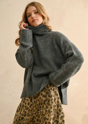 Winona Turtleneck Sweater - Charcoal Eco Conscious Processing Lattice Stitch Pattern