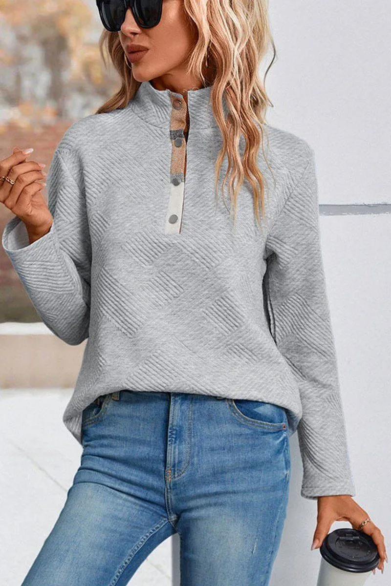 WOMEN BUTTONED HIGH NECK PLAID BLOCK PULLOVER TOP Winter Fashion