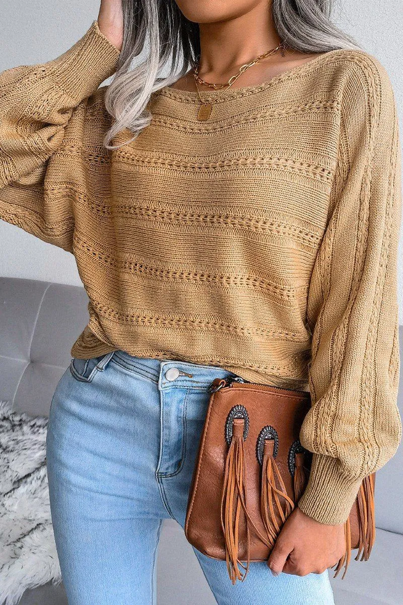 Flexible Collar Opening Layered Chic WOMEN CABLE KNIT BOAT NECK OVERSIZED SWEATER