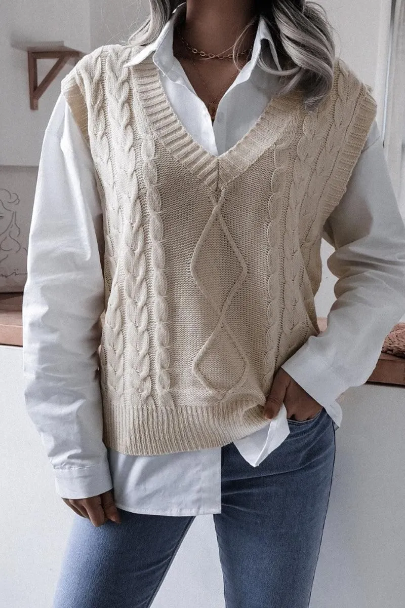 WOMEN CABLE KNIT V NECK VEST SWEATER Soft and Cozy Snuggle Fit