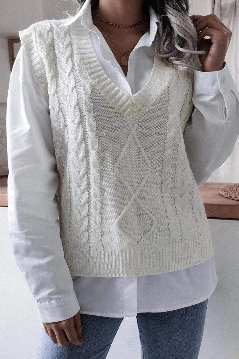 WOMEN CABLE KNIT V NECK VEST SWEATER SoftKnit