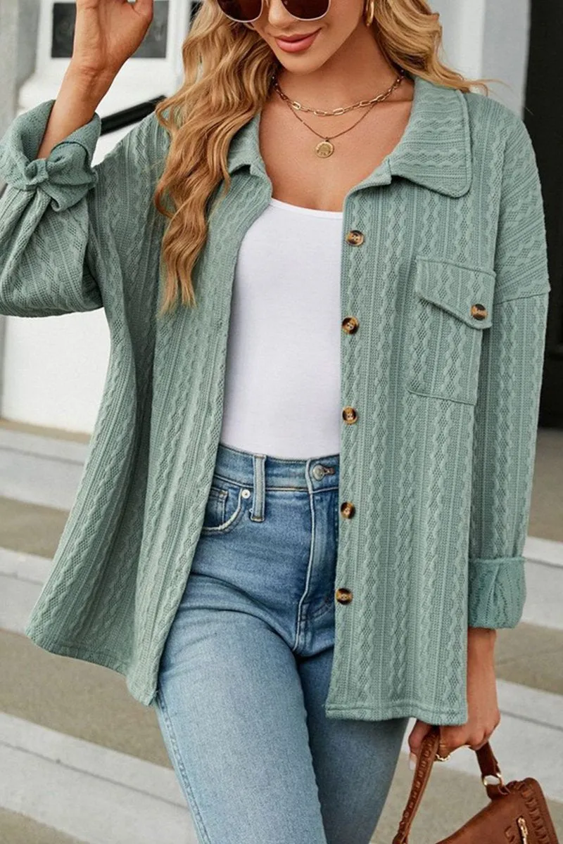 WOMEN CABLE PATTERN STITCHED BUTTON DOWN SHACKET Practical Comfort Cozy Wearable