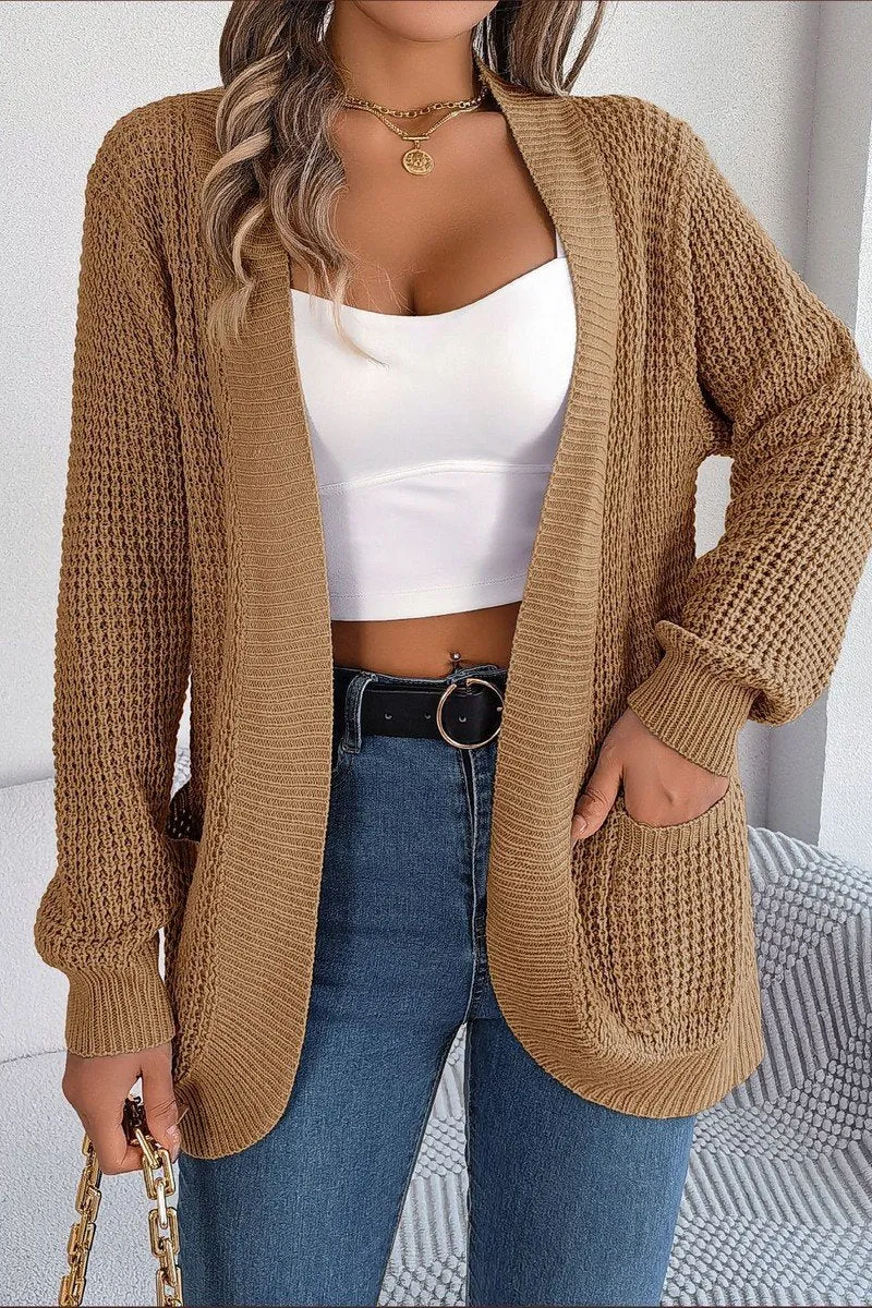 FlexFit Technology WOMEN CHUNKY WAFFLE KNIT OPEN FRONT CARDIGAN