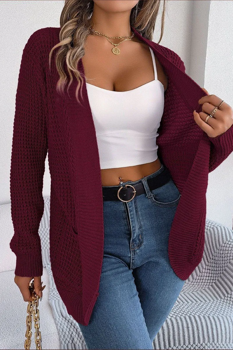 WOMEN CHUNKY WAFFLE KNIT OPEN FRONT CARDIGAN Comfy Vibe