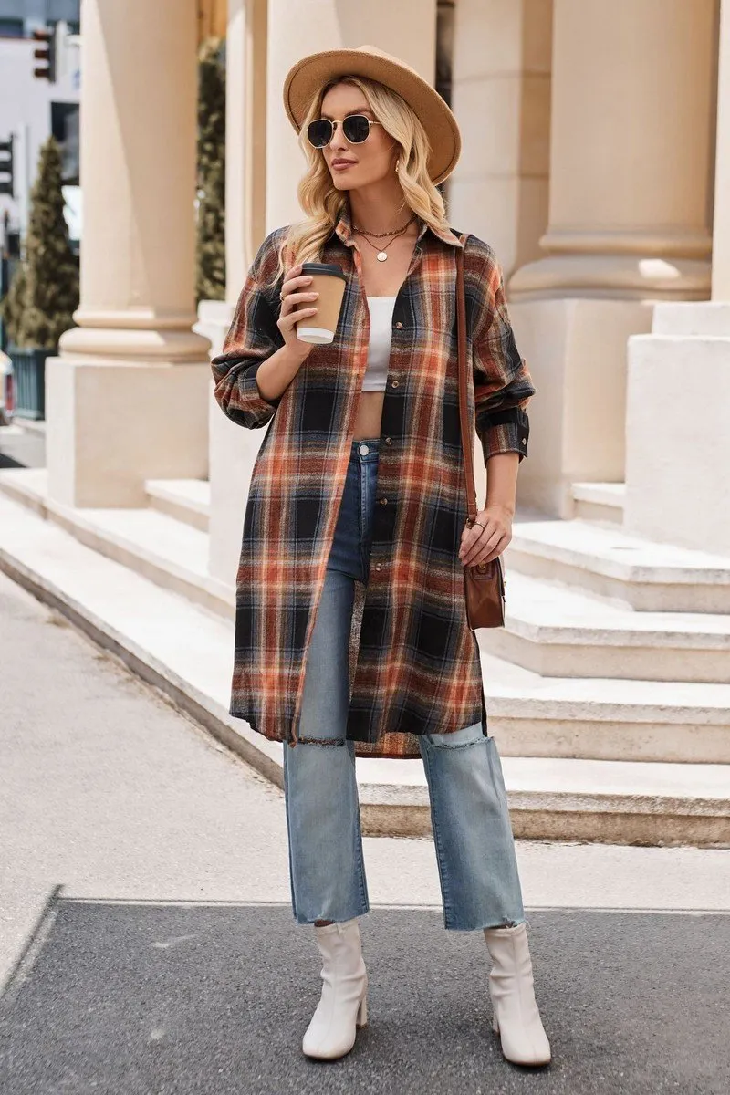 Prom WOMEN CLASSIC PLAID PATTERN LONG LENGTH SHACKET