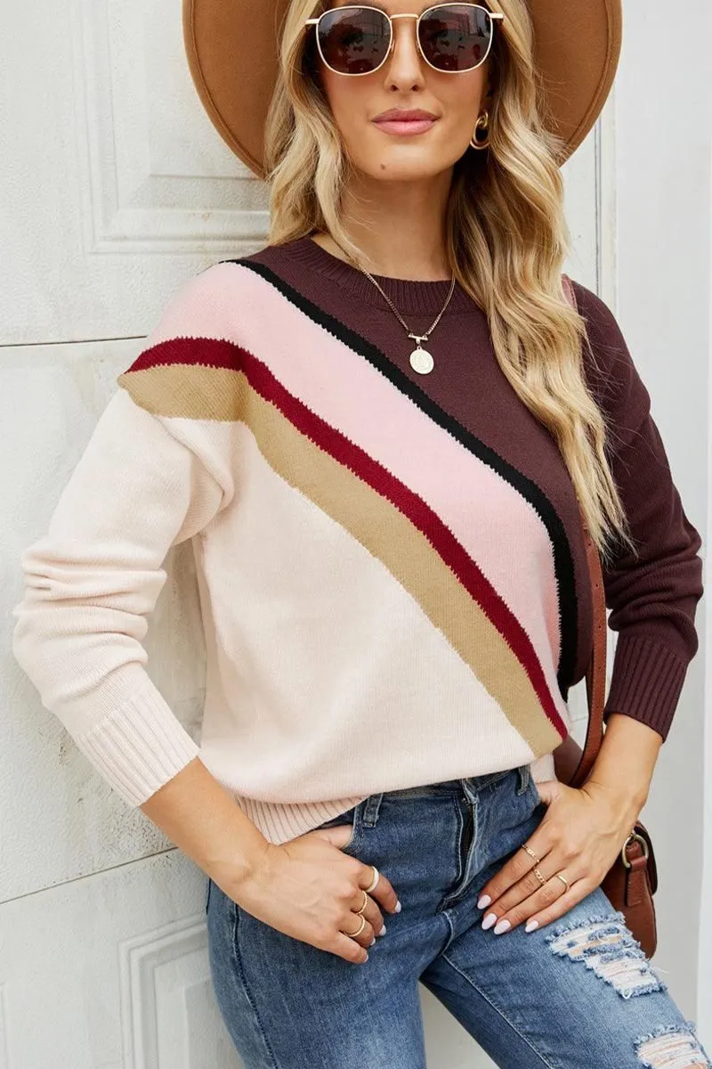WOMEN COLOR STRIPED RIB SLEEVE PULLOVER Lightweight Wear City Fashion