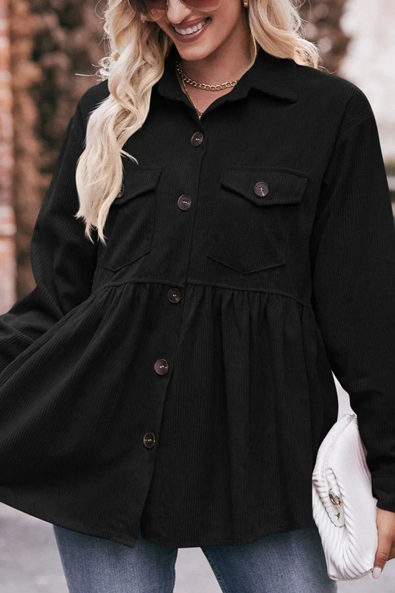 WOMEN CORDUROY BUTTON UP SHIRTS WITH POCKETS Wide Neck Opening Street Trend