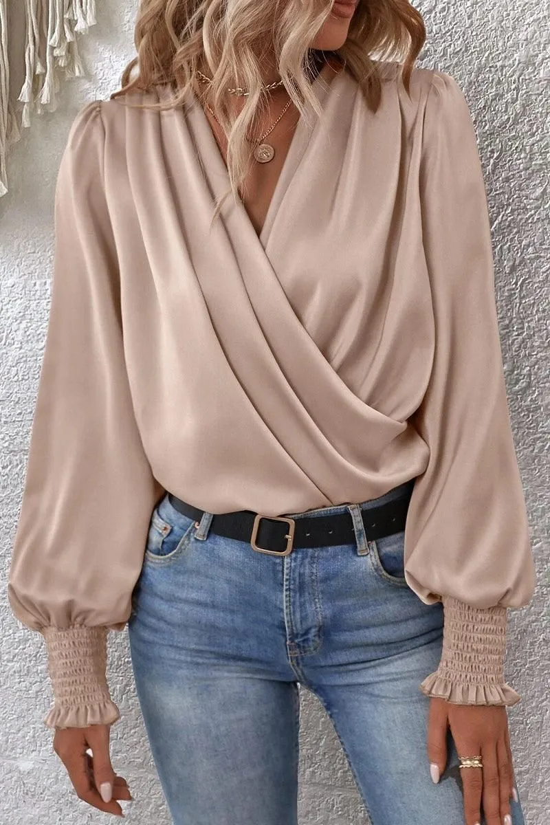 WOMEN CROSS WRAP RIBBED SLEEVE BLOUSE TOP Cozy Touch Relaxed Comfort Fit