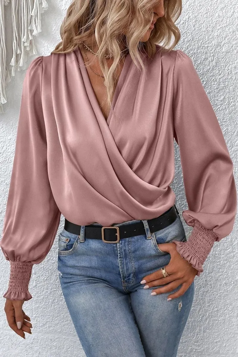Unisex style Easy-Going Style WOMEN CROSS WRAP RIBBED SLEEVE BLOUSE TOP