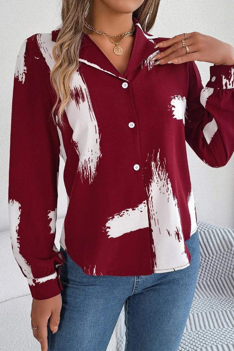 WOMEN DANDY PATTERNED BUTTON DOWN OFFICE BLOUSE Leisure Casual Breathable Cotton Fabric