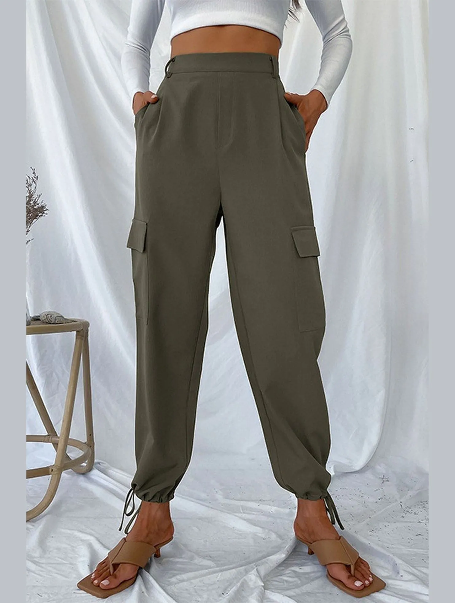 WOMEN DRAWSTRING ELASTIC HEM CASUAL LONG PANTS Active Stretch Form Fitting