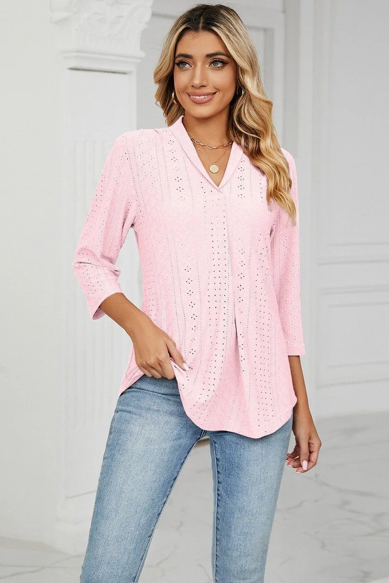 WOMEN EYELET COLLARED 3/4 SLEEVED BLOUSE TOP Seamless Design Convertible Neckline