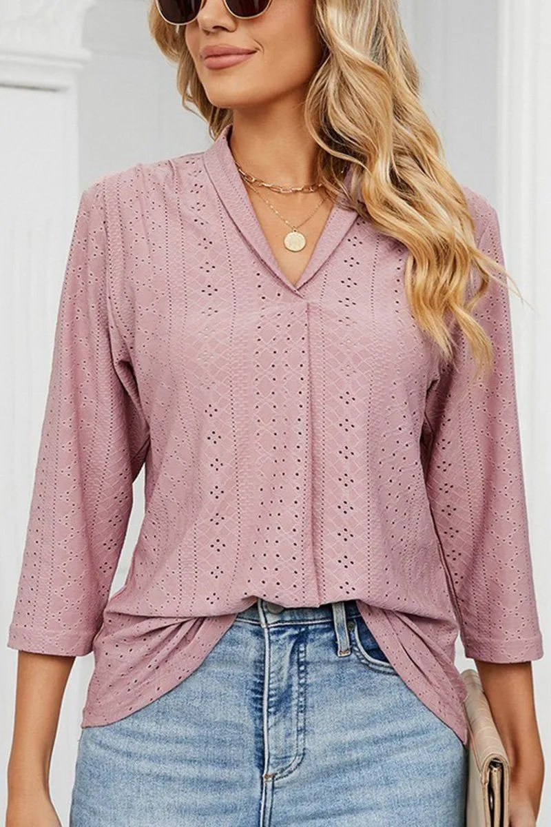 Everyday Style Perfect Style WOMEN EYELET COLLARED 3/4 SLEEVED BLOUSE TOP
