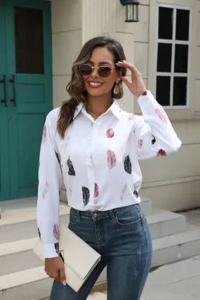 WOMEN FEATHER PRINTING BUTTON DOWN BLOUSE TOP TemperatureRegulating Fabric Non Iron Fabric