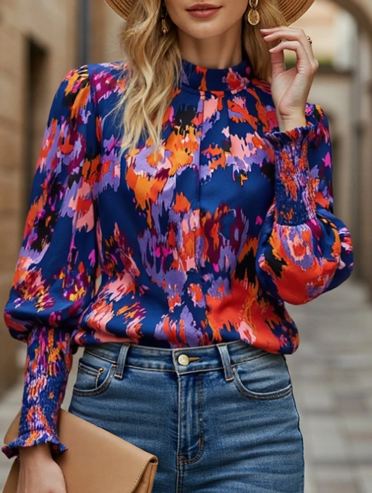 WOMEN FITTED SMOCK CUFF MARBLE PRINTING BLOUSE Minimalist Stitching