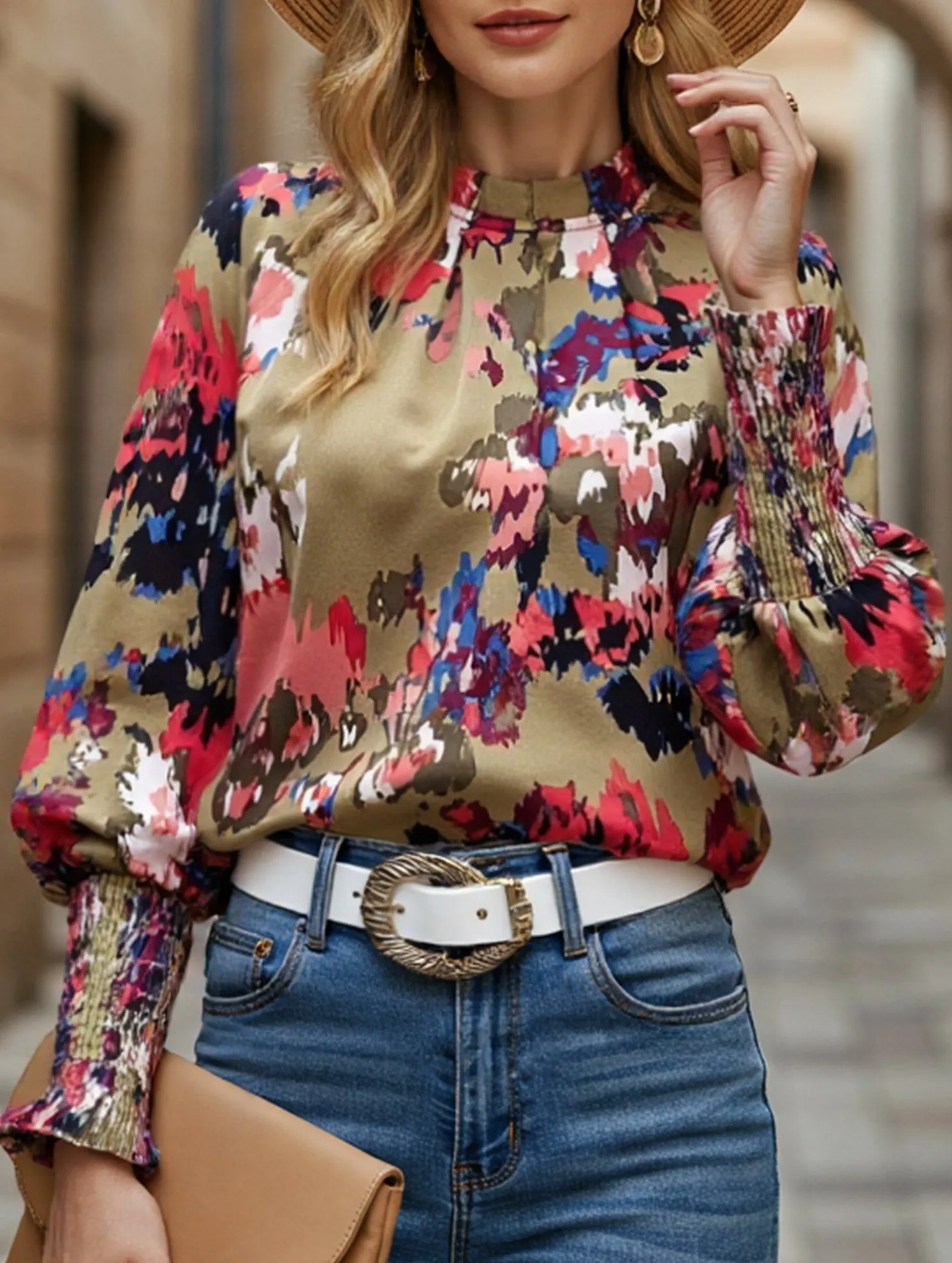 OdorResistant Fabric WOMEN FITTED SMOCK CUFF MARBLE PRINTING BLOUSE