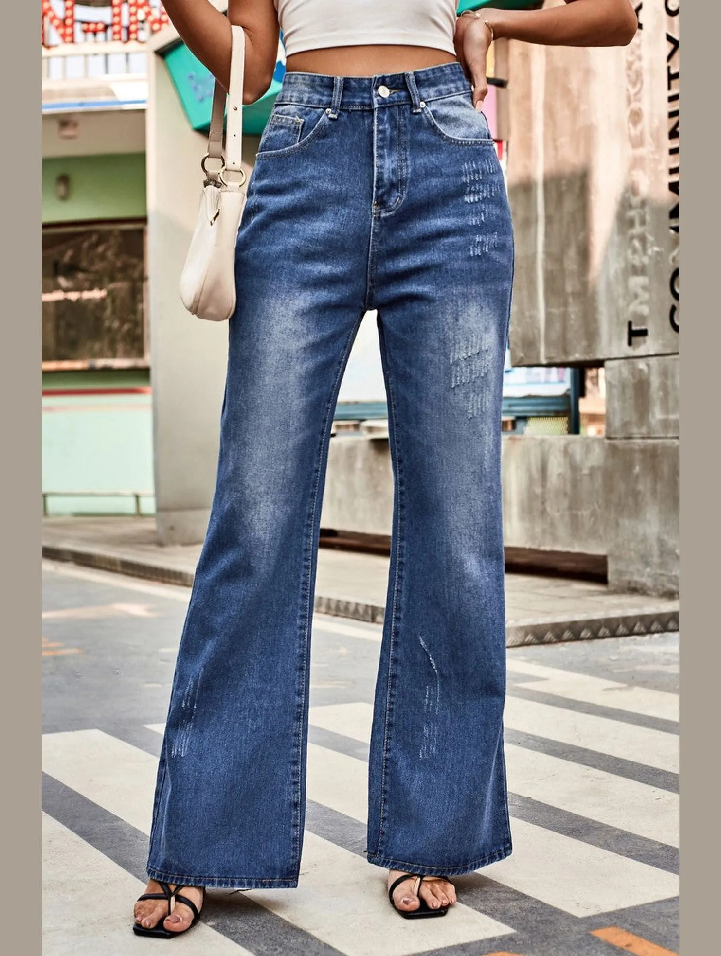Neutral Look WOMEN FLARE WASHED DENIM PANTS CASUAL JEANS