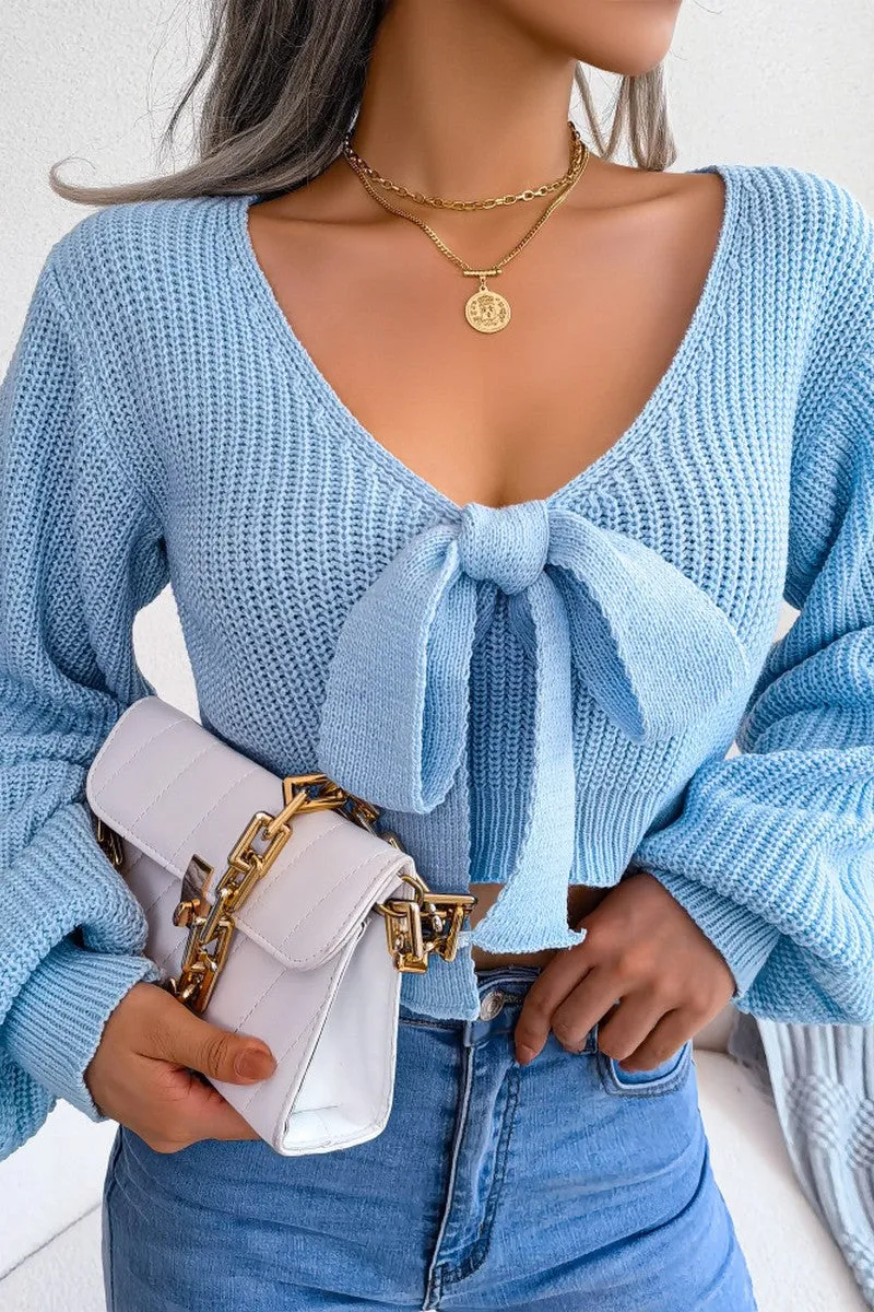Trendy Comfort Wear Formal Elegance WOMEN FRONT BOW TIED SEXY CROP KNIT SWEATSHIRTS