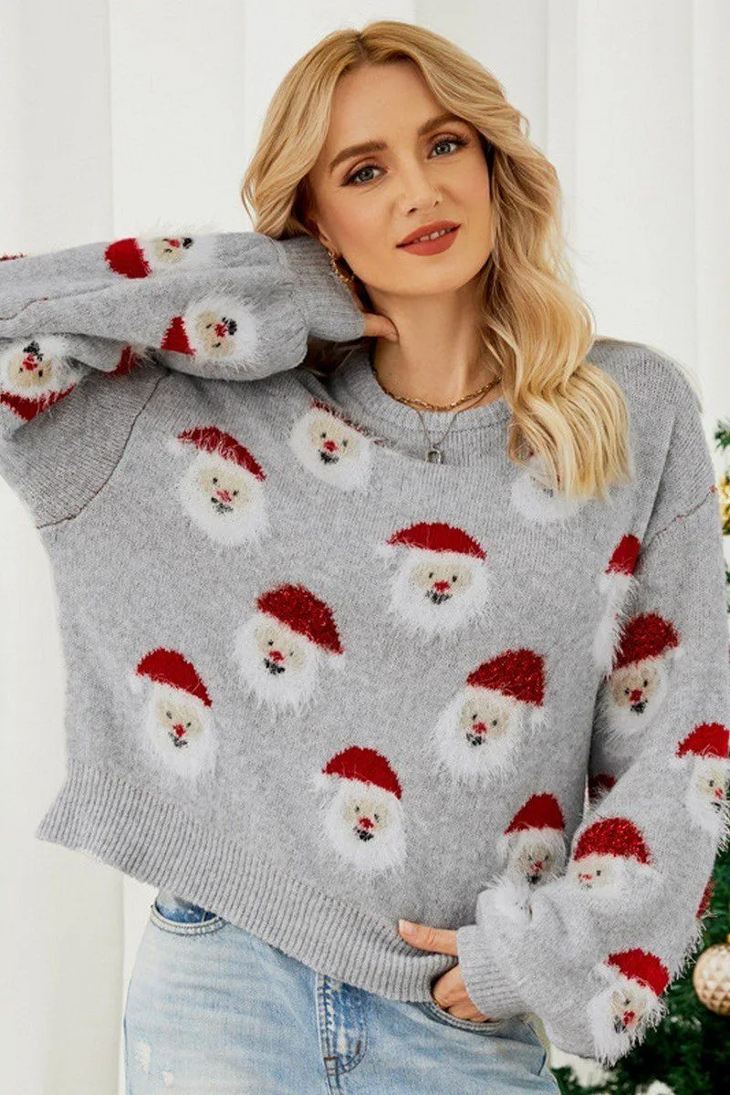WOMEN FURRY CHRISTMAS SANTA PRINTING KNIT SWEATER Relaxed Wear Knitted Warmth