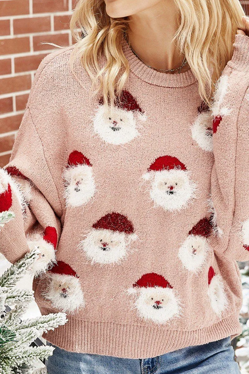 WOMEN FURRY CHRISTMAS SANTA PRINTING KNIT SWEATER Abrasion Resistant Seams Stretch Fabric