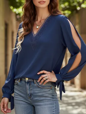 WOMEN GUIPURE LACE TRIM V NECK TIED CUFF BLOUSE Anti Static Finish