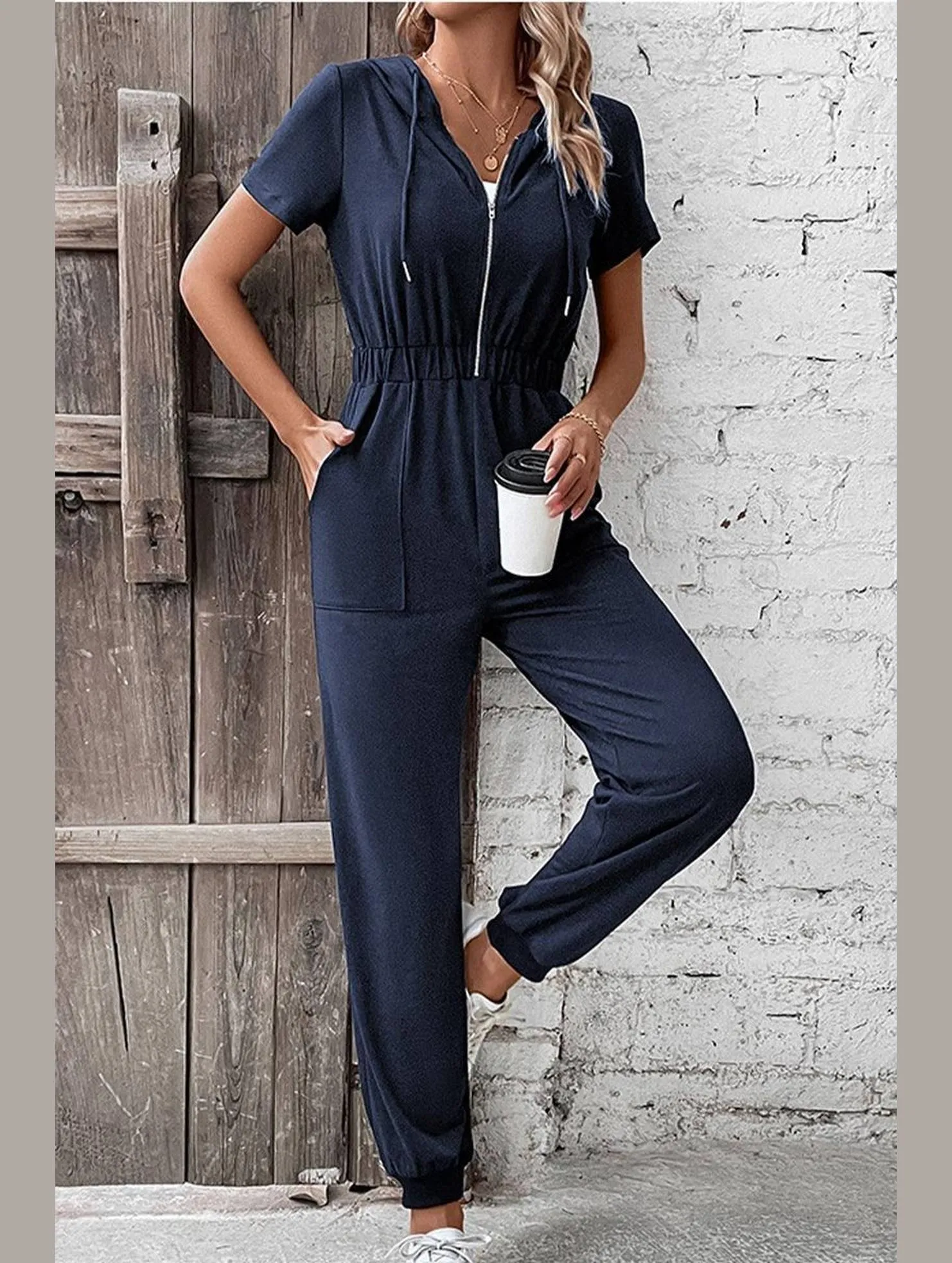 hypoallergenic material WOMEN HALF ZIP UP HOODED ELASTIC WAIST JUMPSUIT