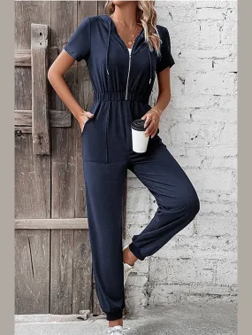 hypoallergenic material WOMEN HALF ZIP UP HOODED ELASTIC WAIST JUMPSUIT