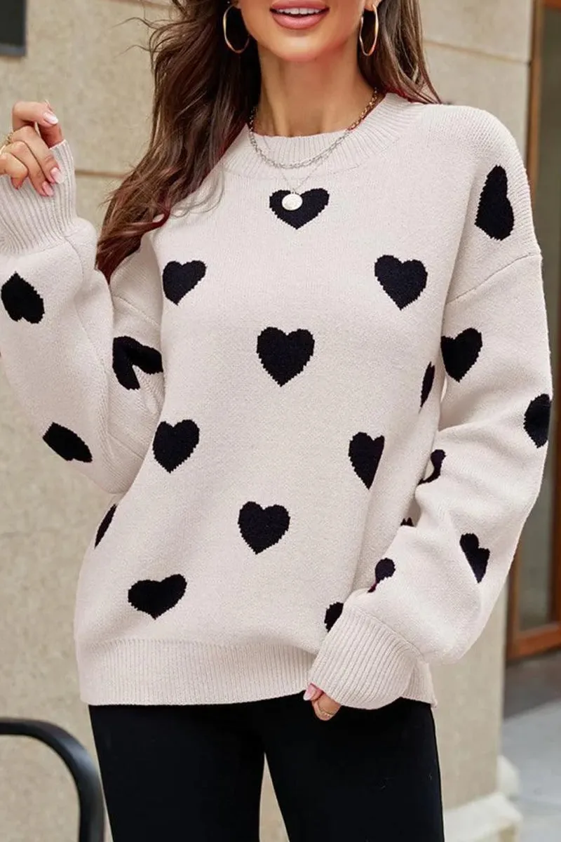 Stretch Knit Material HeatRegulating WOMEN HEART PRINTING CUTE PULL OVER SWEATER