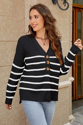 HypoallergenicMaterial Office Attire WOMEN HENLEY NECK STRIPE PATTERN LOOSE KNIT TOP