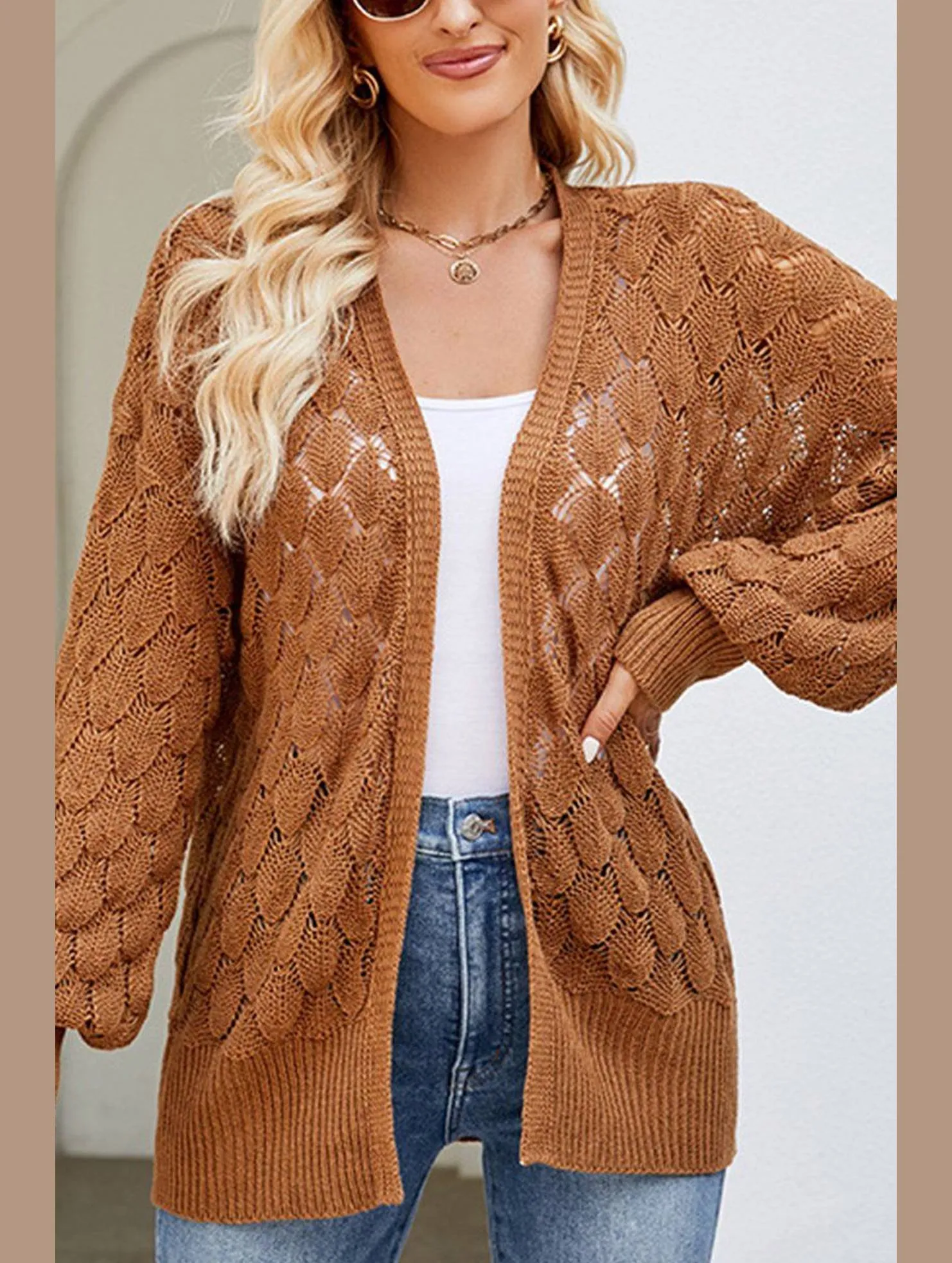WOMEN HOLLOW OUT KNITTED SWEAT CARDIGAN Comfy Layer