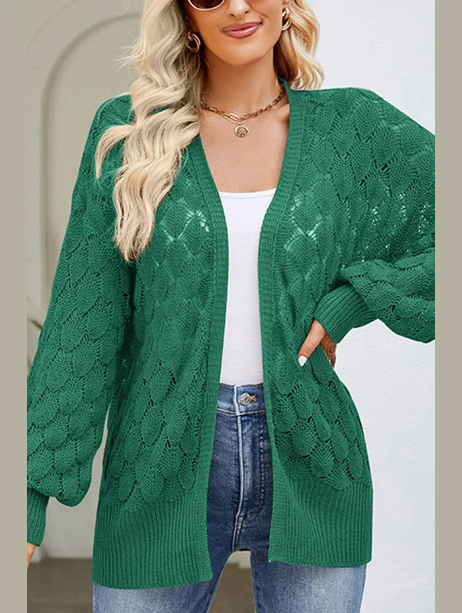 WOMEN HOLLOW OUT KNITTED SWEAT CARDIGAN Hypoallergenic Interior Layer