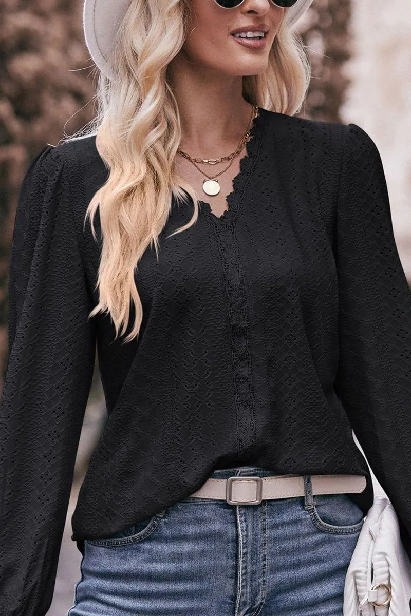 WOMEN LACE TRIM V NECK FLARED SLEEVE BLOUSE Comfort Design