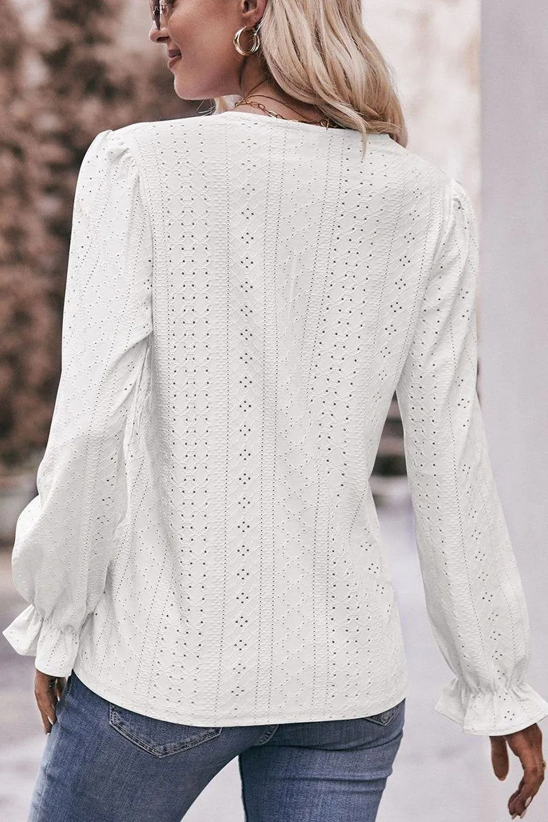WOMEN LACE TRIM V NECK FLARED SLEEVE BLOUSE Timeless Look Essential Casual