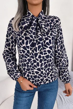 Biodegradable Fiber Composition WOMEN LEOAPRD PATTERN TIED NECK OFFICE BLOUSE