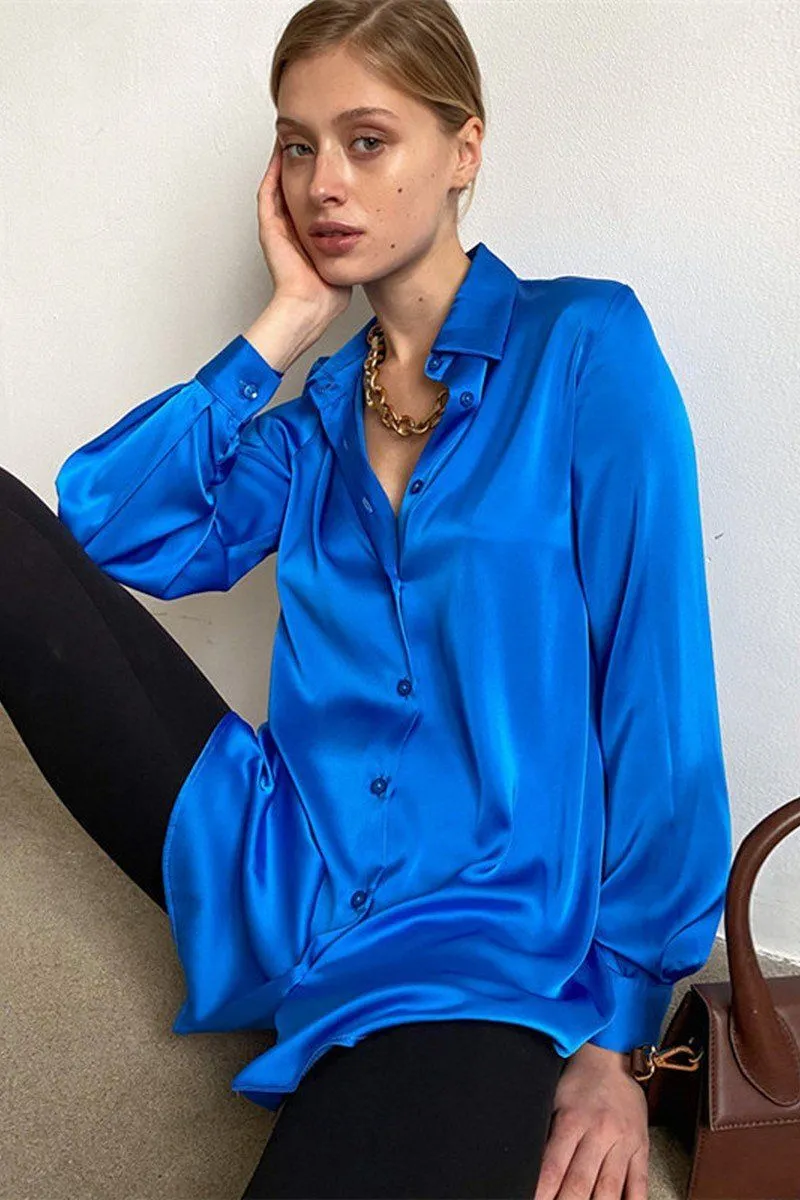 WOMEN LONG SLEEVED SATIN BUTTON UP SHIRTS NonFade Dye
