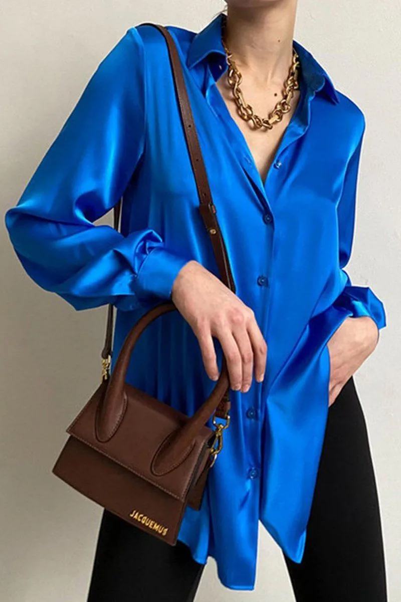 BreathableMaterial WOMEN LONG SLEEVED SATIN BUTTON UP SHIRTS