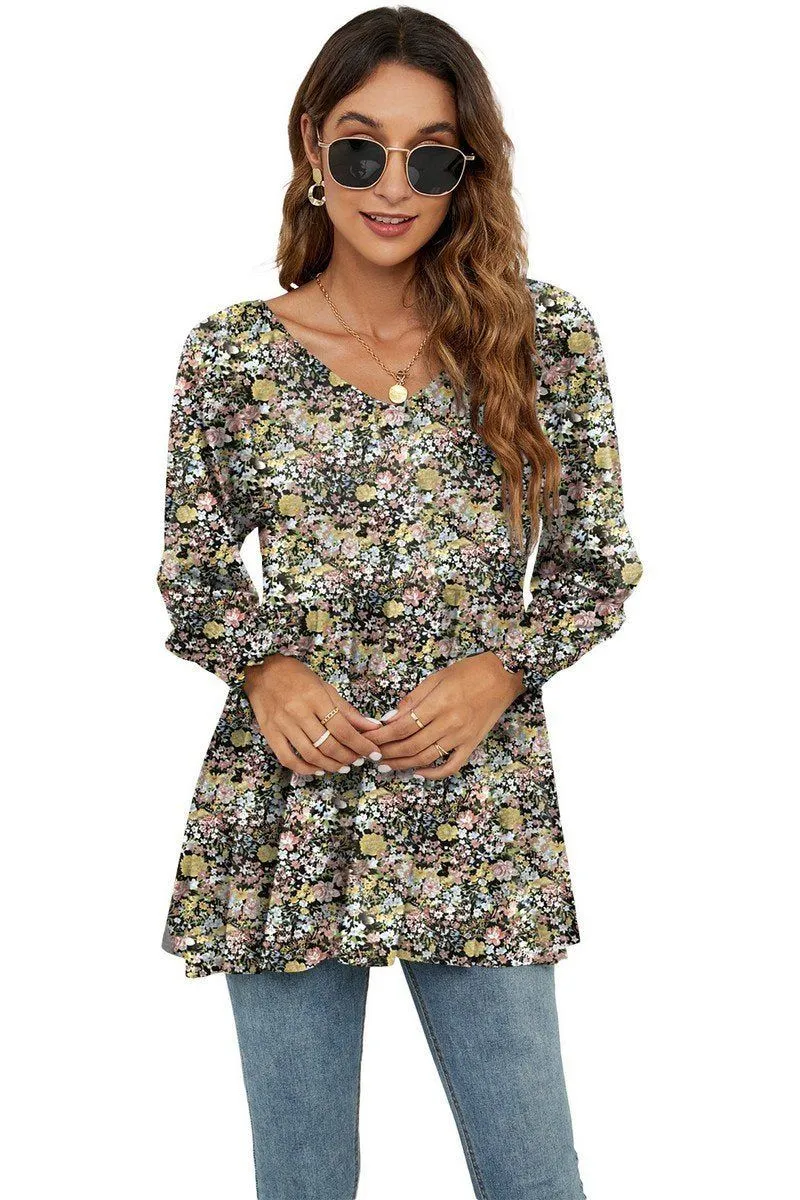 TaglessDesign WOMEN LOOSE FIT FLORAL PATTERN RUFFLED TUNIC TOP
