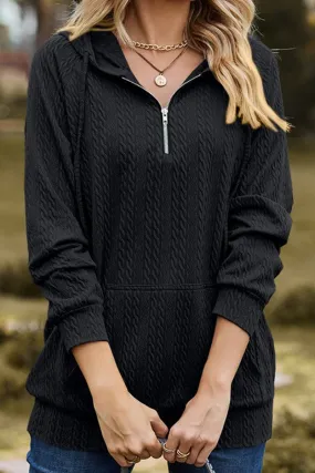 WOMEN LOOSE ZIP UP NECK RIBBED PULLOVER HOODIE TailoredCut