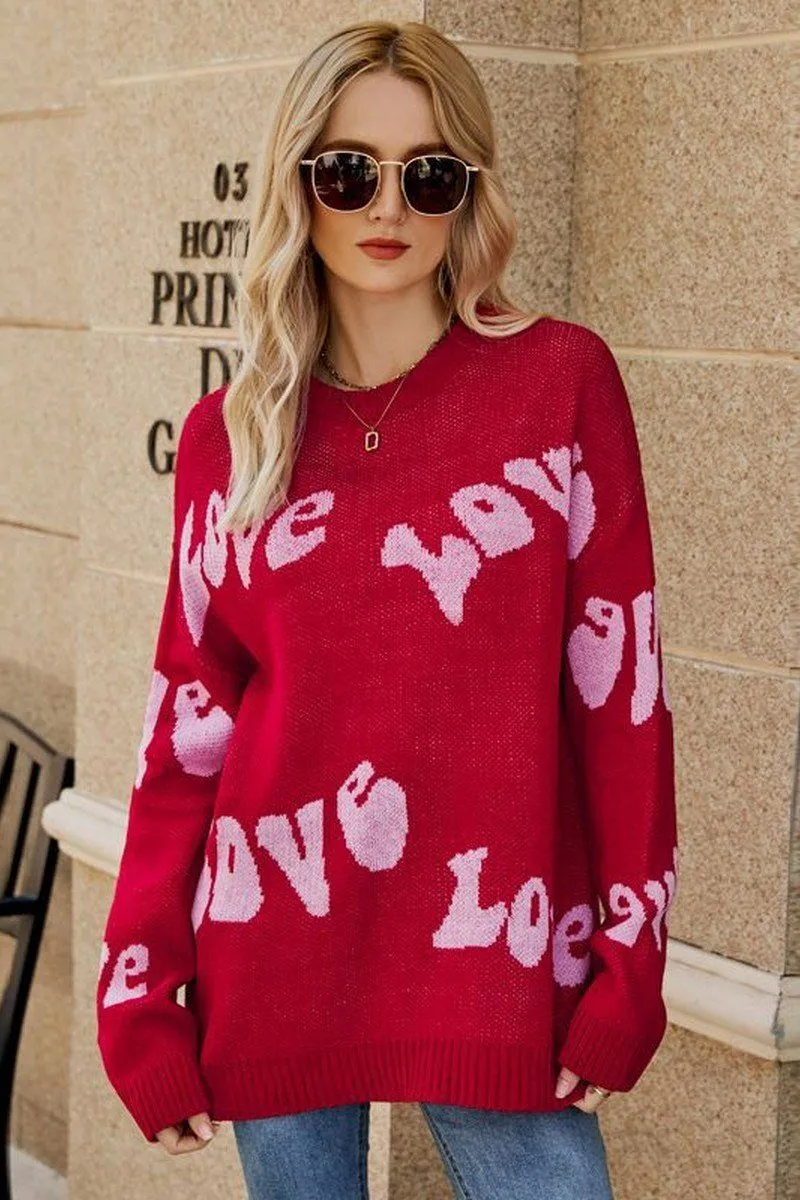 WOMEN LOVE PRINTING OVERSIZED CASUAL SWEATER Warm Winter Wear Classic Knit