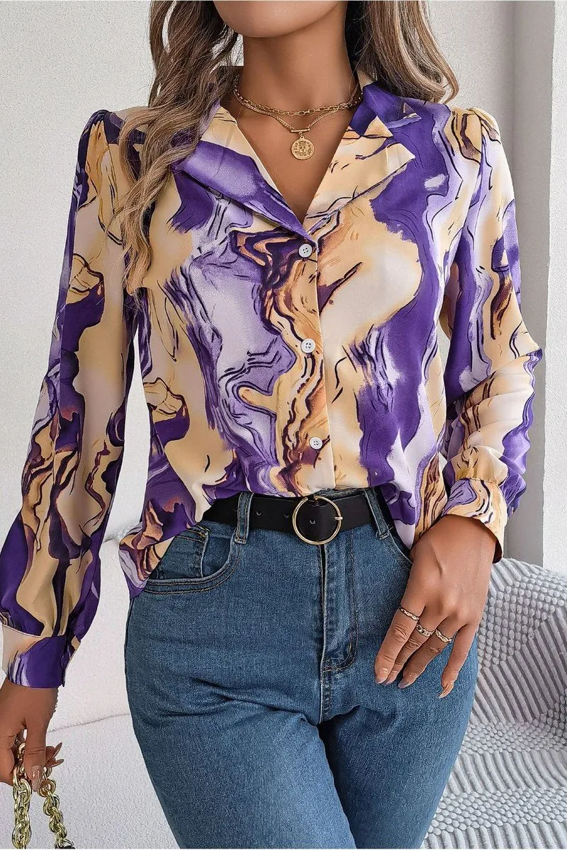 PreWashed TonalStitching WOMEN MARBLE PATTERNED BUTTON DOWN OFFICE BLOUSE