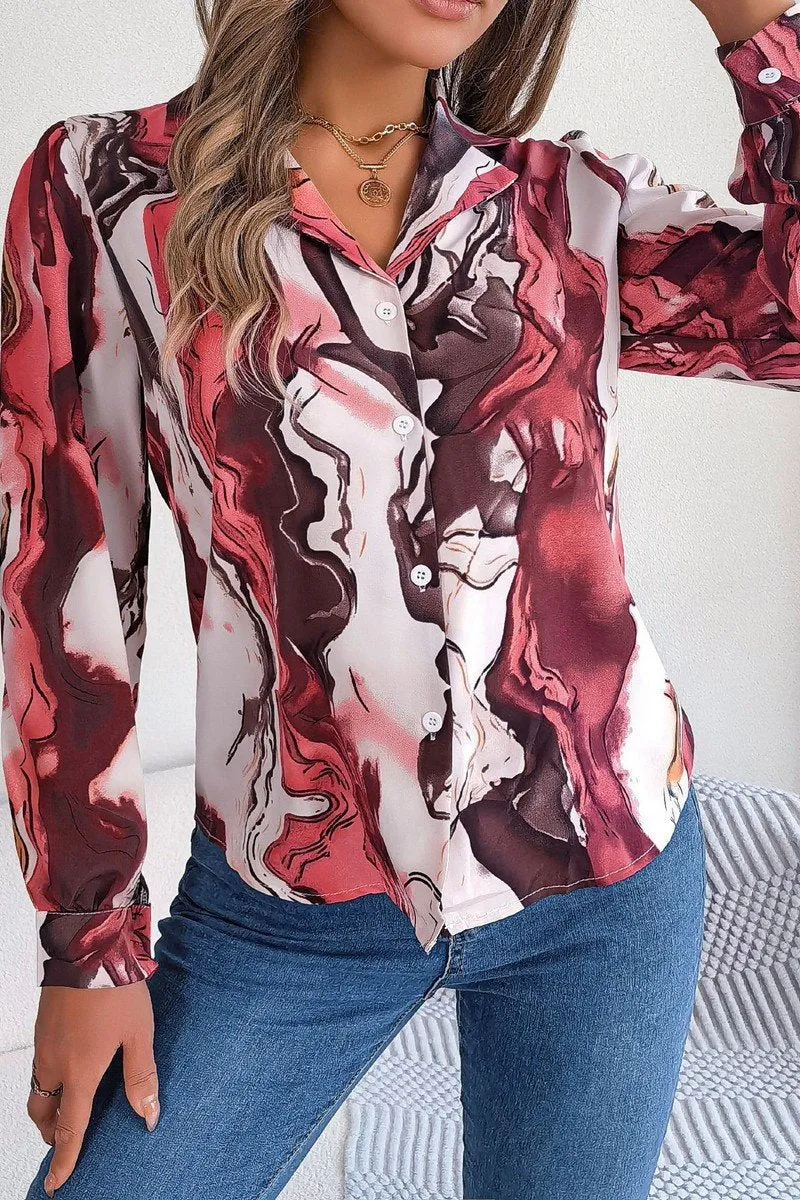 WOMEN MARBLE PATTERNED BUTTON DOWN OFFICE BLOUSE NonIrritatingTags Bold Design
