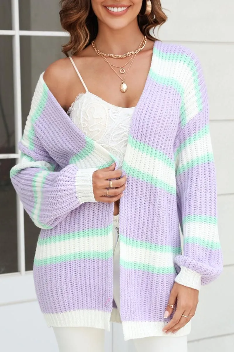 Soft Wear Modern Turtleneck Style WOMEN OPEN FRONT OVERSIZED COLOR BLOCK CARDIGAN
