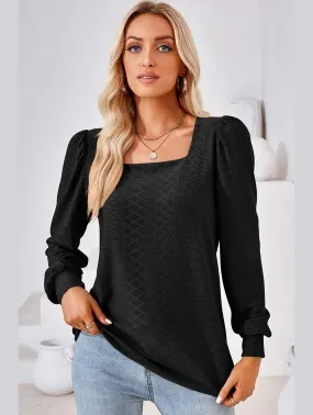 WOMEN PATTERN STITCHED SQUARE NECK PUFF SLEEVE TOP Sun Protective Fabric Rolled Hem Detailing