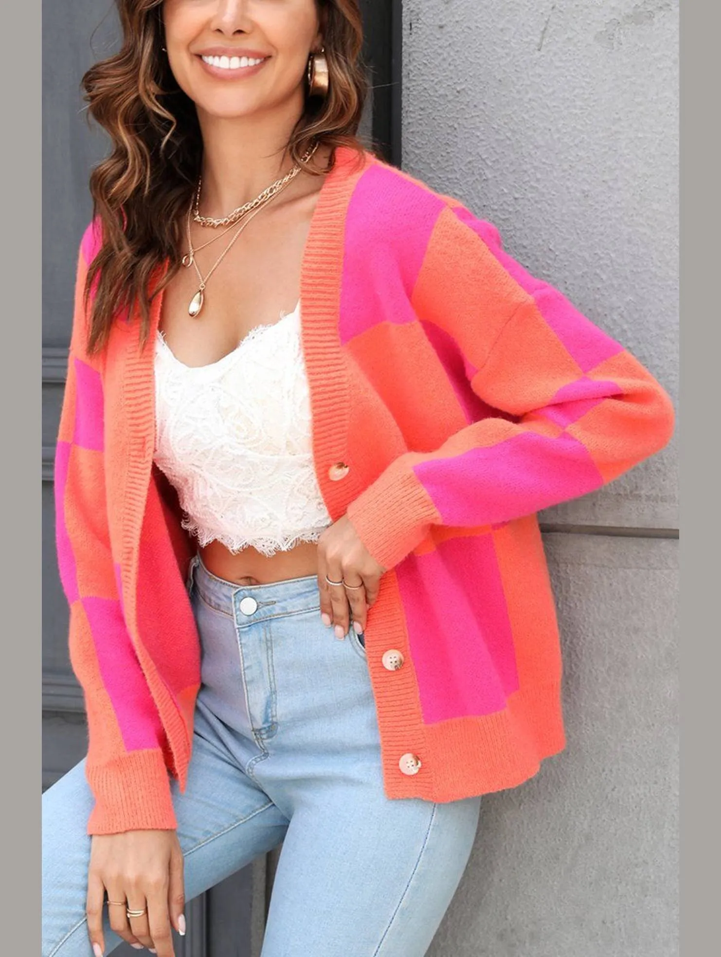 Knitted Layering Effortless knitwear WOMEN PLAID COLOR BLOCK BUTTON UP CARDIGAN