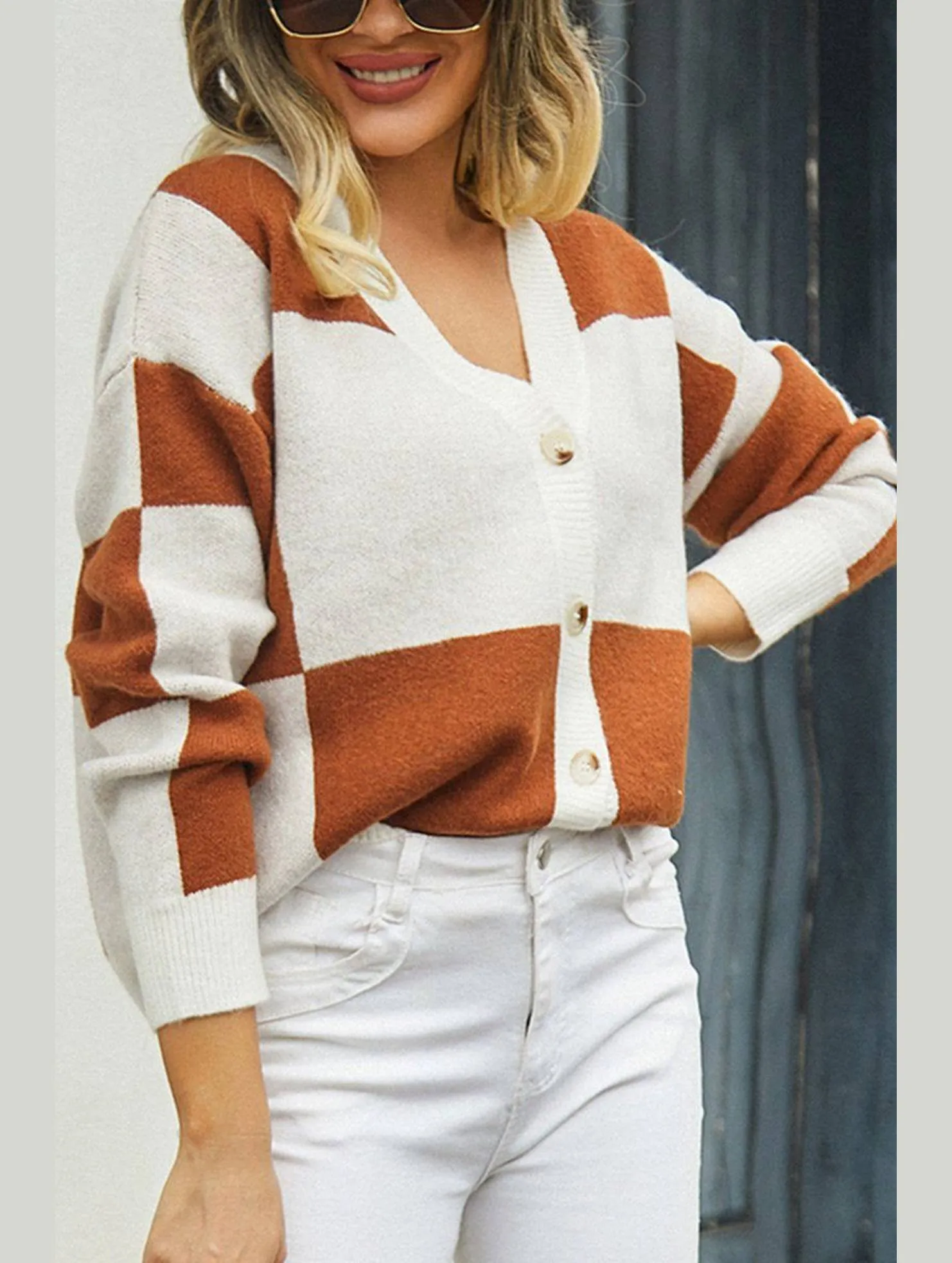 City Walking Style WOMEN PLAID COLOR BLOCK BUTTON UP CARDIGAN