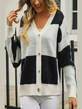 WOMEN PLAID COLOR BLOCK BUTTON UP CARDIGAN Workout
