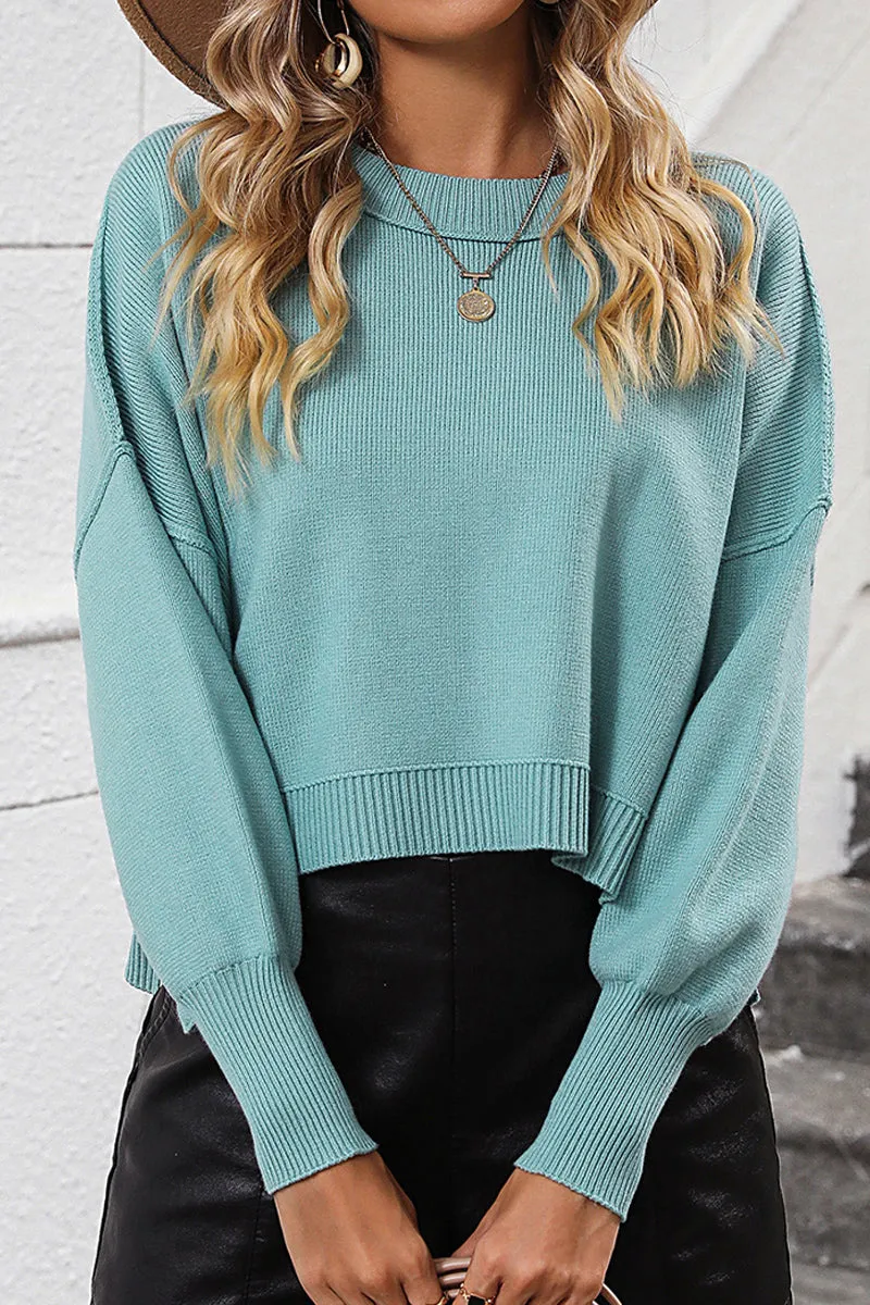 DoubleNeedle Stitching WOMEN RIBBED HEM FITTED SLEEVE KNIT JUMPER TOP