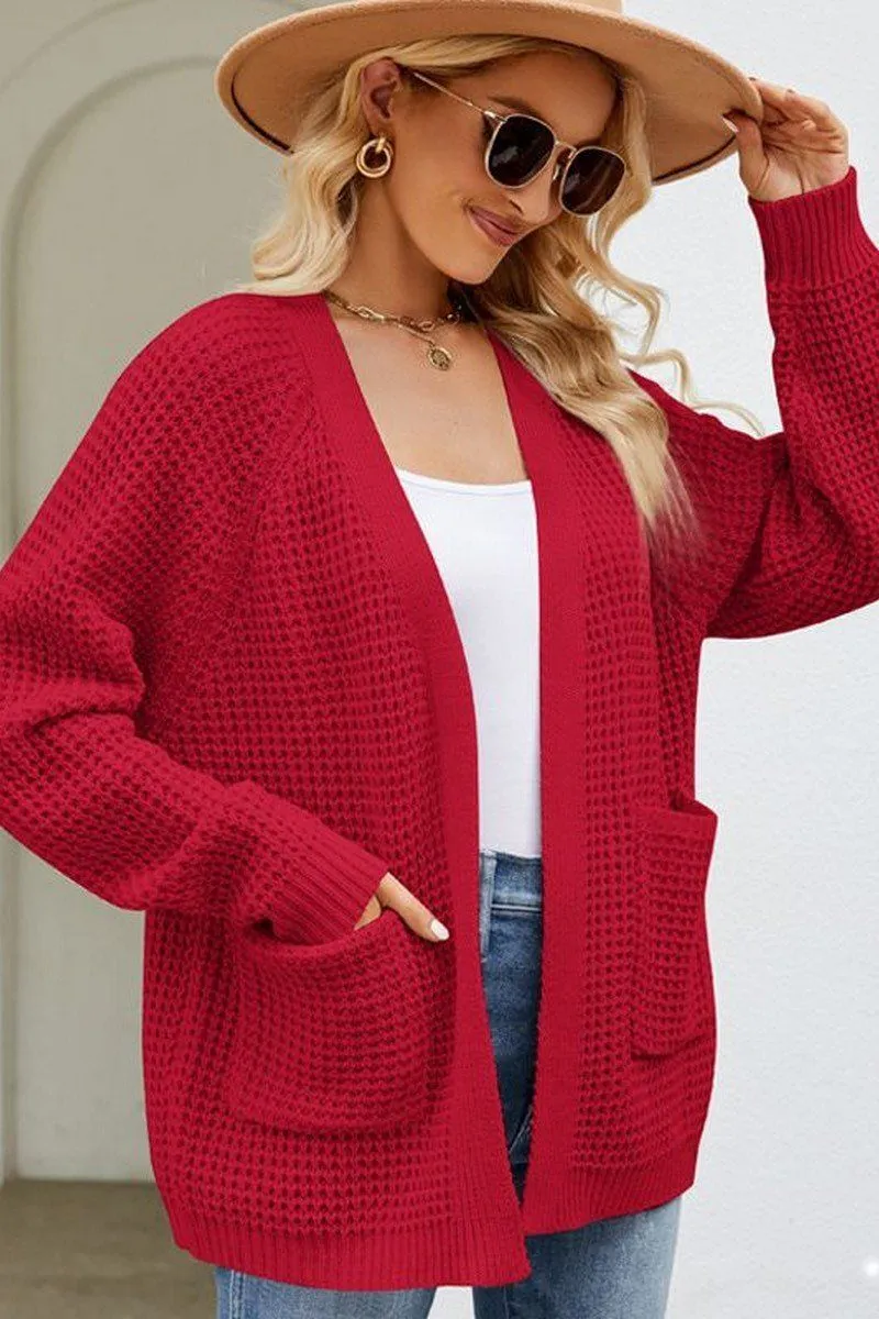 Casual Chill Look WOMEN RIBBED KNIT CARDIGAN WITH POCKETS